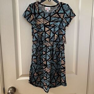Lularoe Mae Dress Leaves Teal Beige Black Geometric Girls Size 8 NWT